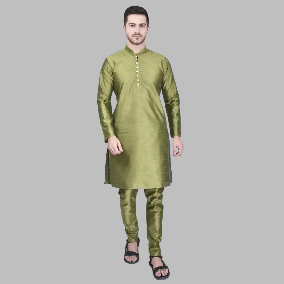Stylish Silk Kurta & Bottom Set for Men
Size: M, L, XL, XXL
 Color:  Green
 Fabric:  Silk
 Type:  Kurta Sets
 Style:  Solid
 Design Type:  Kurta & Bottom Sets
This stylish silk kurta and bottom set for men combines comfort and elegance. Made from high-quality silk, it offers a luxurious feel and drapes effortlessly on the body. The intricate design and vibrant colors make it a perfect choice for any occasion. Upgrade your traditional wardrobe with